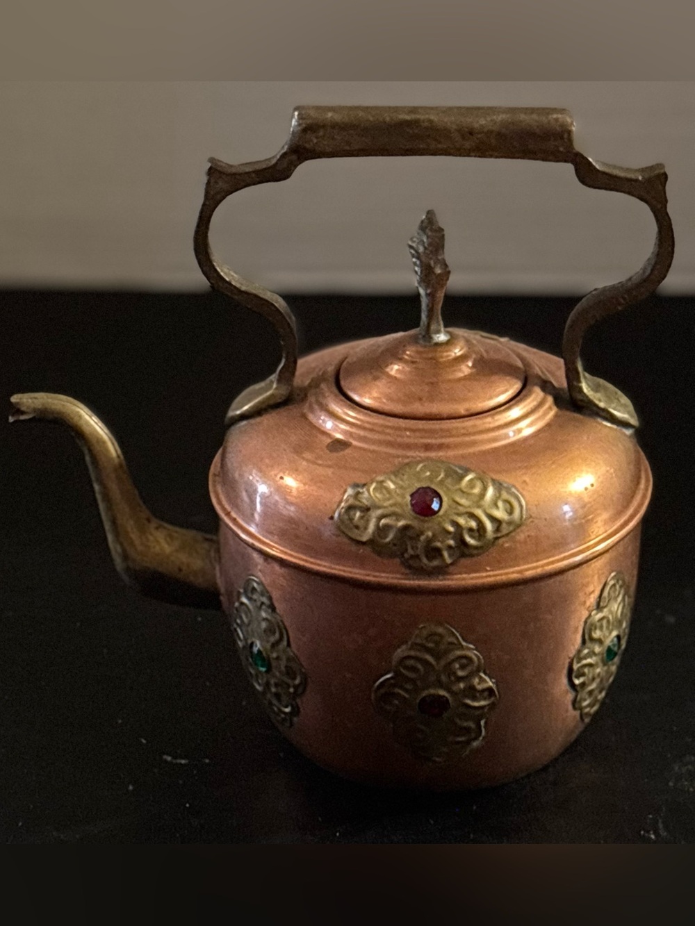Vtg Solid Copper & Brass w/Red & Green “Rhinestones” on Bejeweled Kettle Tea Pot